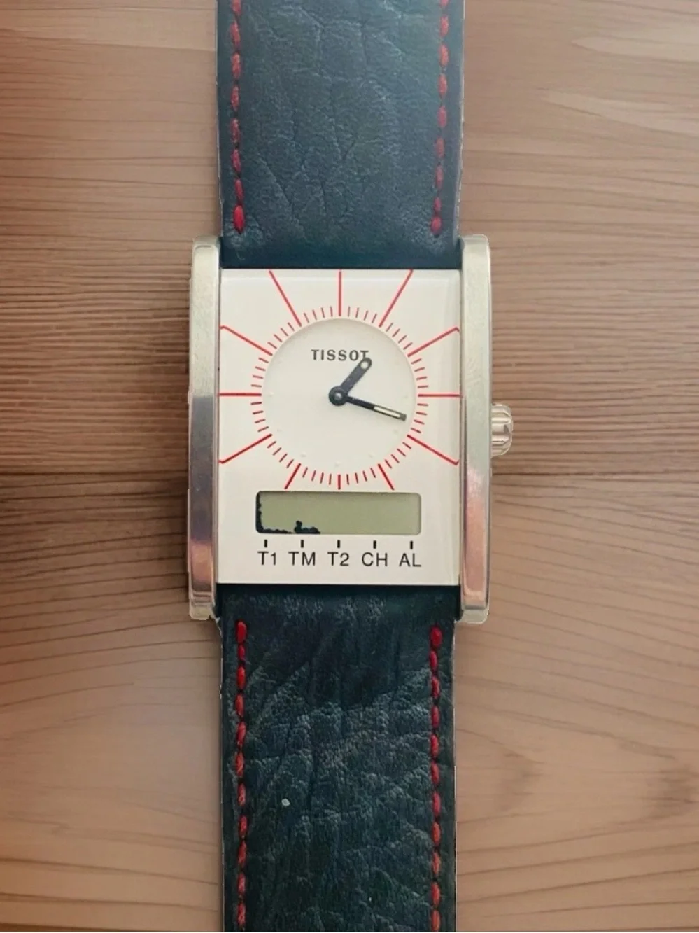 Vintage Tissot Two Timer D377 80's 90's Time Zone Blue Leather Square Face
